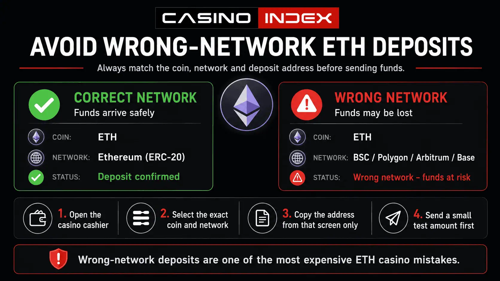 Ethereum casino wrong-network risk checklist showing how to avoid sending ETH or ERC-20 tokens through the wrong chain.