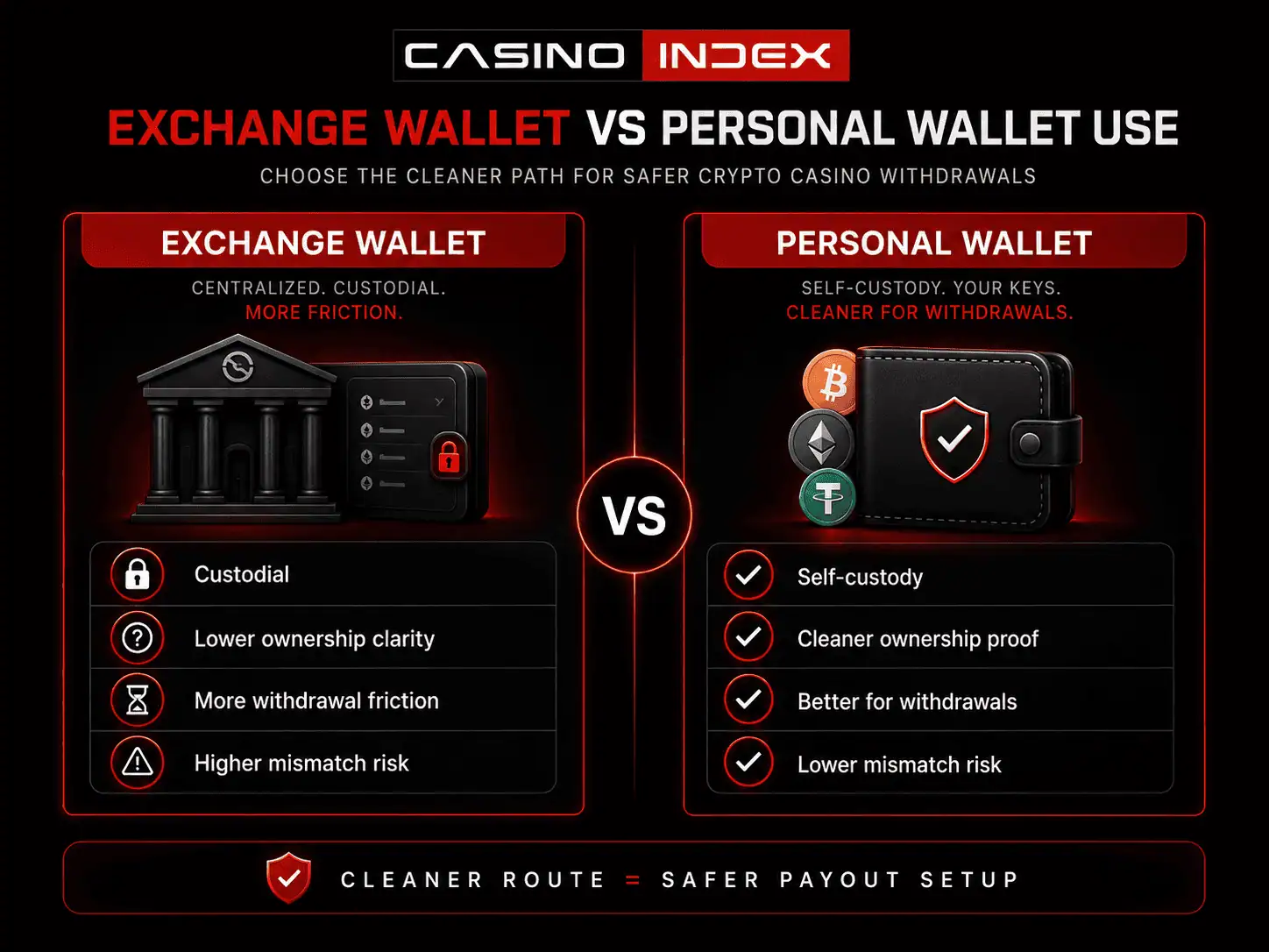 Exchange wallet vs personal wallet comparison graphic showing custody, ownership clarity, and withdrawal suitability for crypto casinos