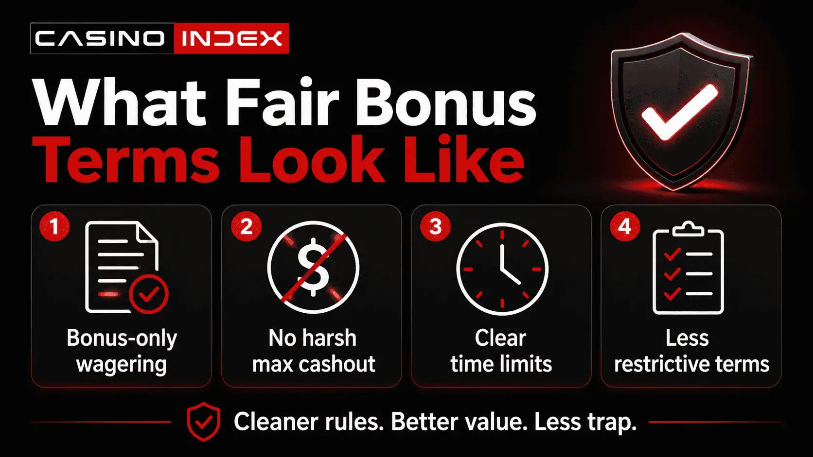 Fair casino bonus terms graphic showing bonus-only wagering, clear max cashout rules, realistic time limits, and less restrictive terms