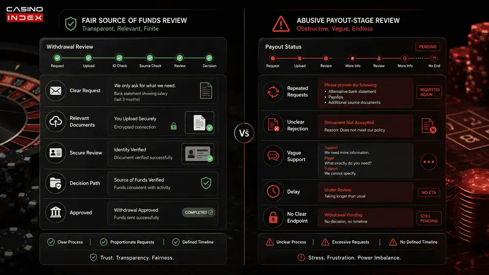 Comparison image showing a fair source of funds review versus an abusive payout-stage compliance process at online casinos.
