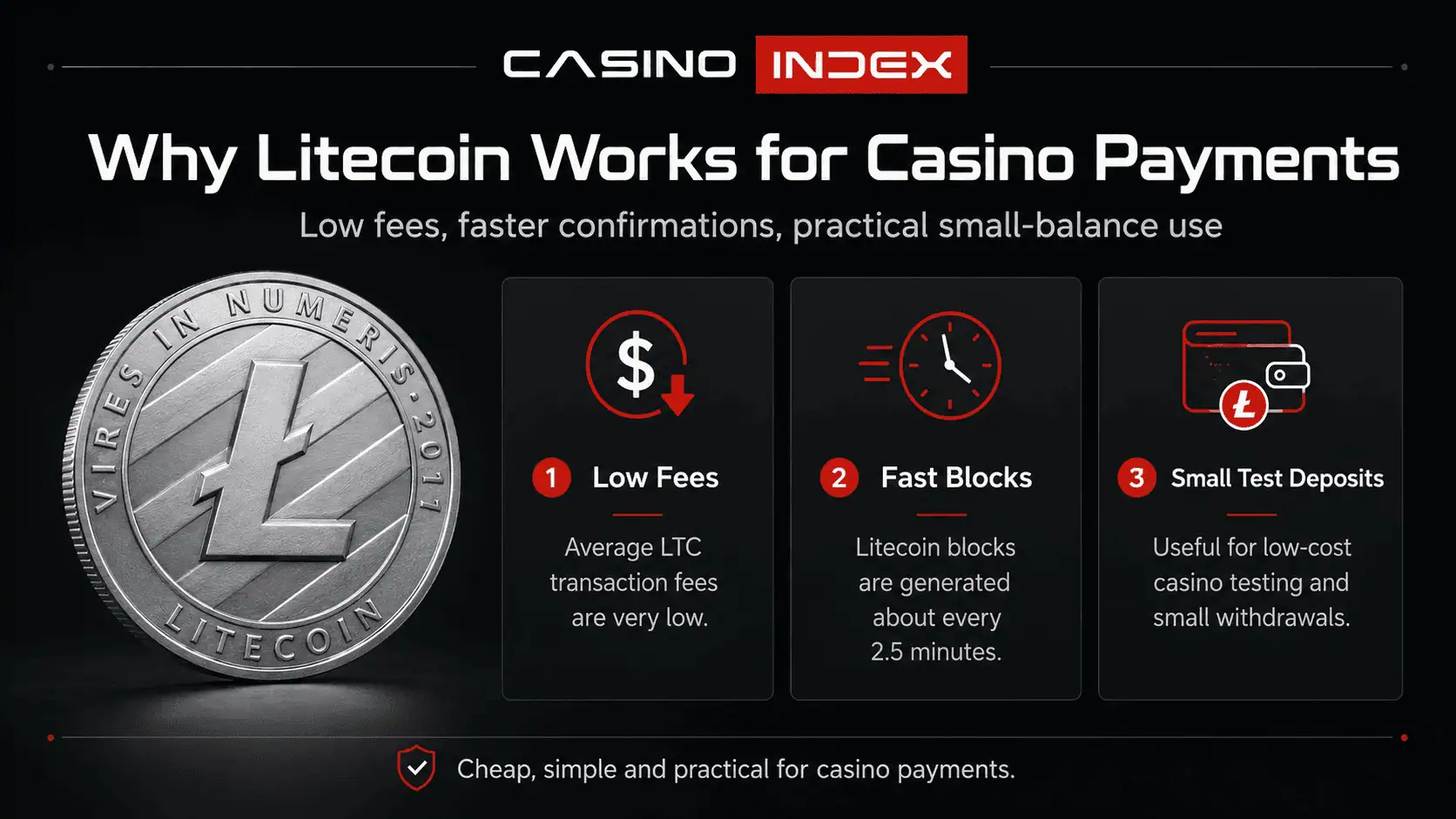 Litecoin casino payment advantage showing low LTC fees, fast block confirmations and small test deposit usability.