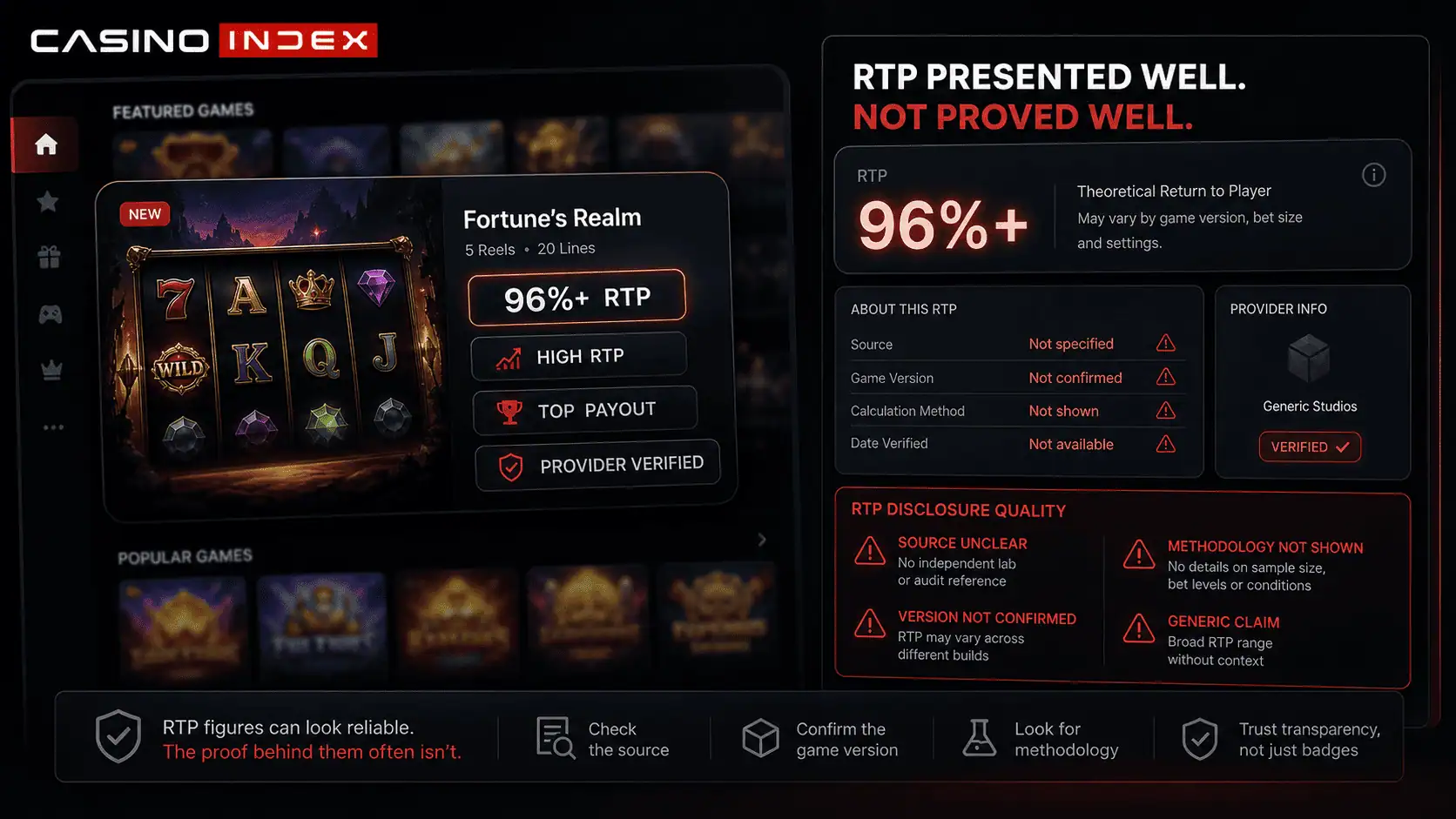 casino interface image showing polished RTP badges and misleading trust signals in a black red design