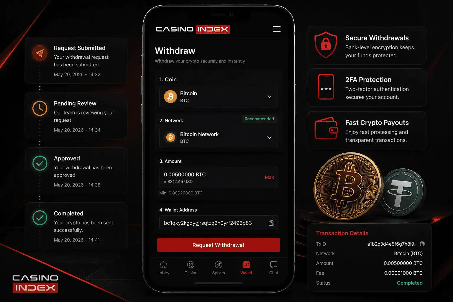 Modern smartphone image showing a mobile crypto casino withdrawal flow with coin selection, network choice, pending approval, and transaction confirmation in a red and black interface.