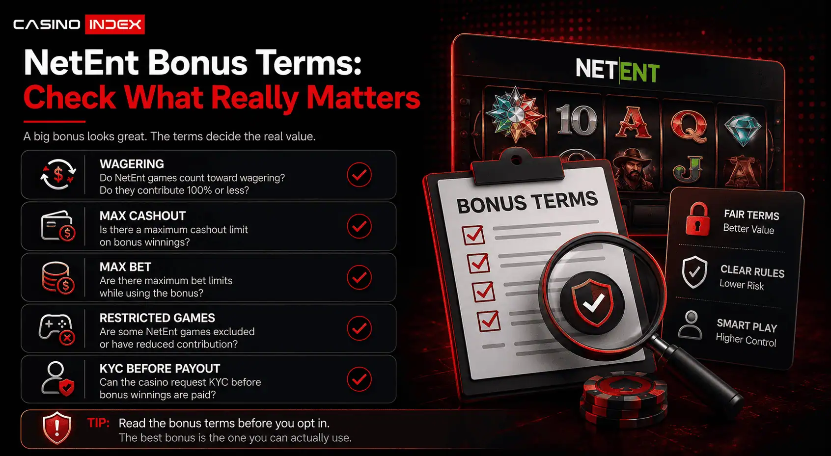 NetEnt bonus terms checklist showing wagering, max cashout, max bet, restricted games and KYC before payout.