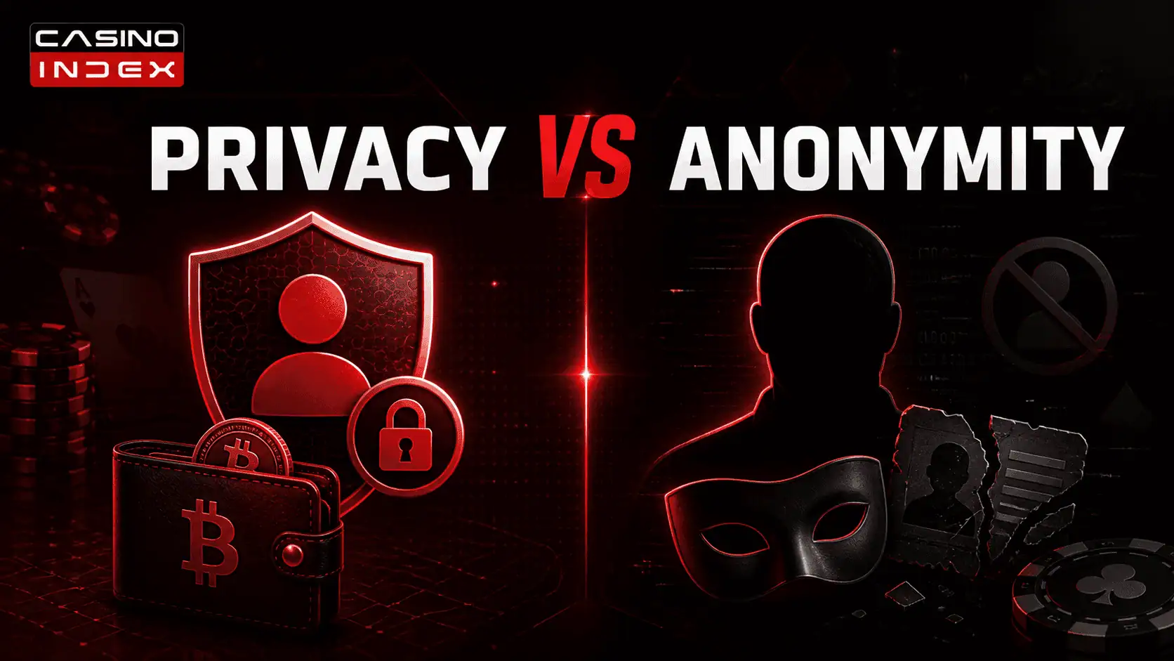 Illustration showing the difference between privacy and anonymity in online casinos with casino and KYC symbols