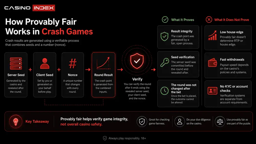 Provably fair crash verification infographic showing server seed, client seed, nonce and what fairness checks do and do not prove.