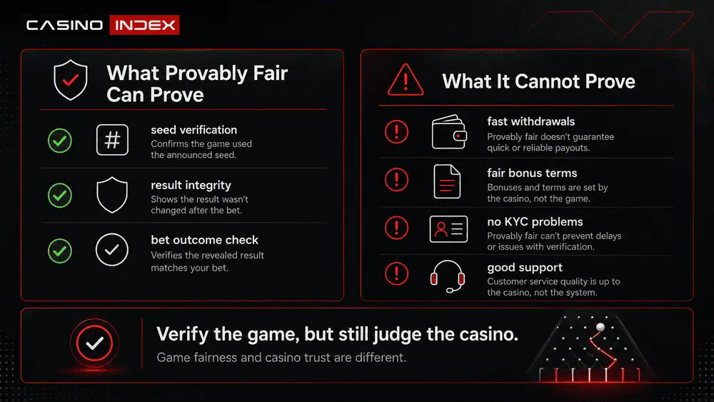 CasinoIndex infographic explaining that provably fair Plinko can verify game results but does not prove fast withdrawals, fair bonus terms or low account risk.