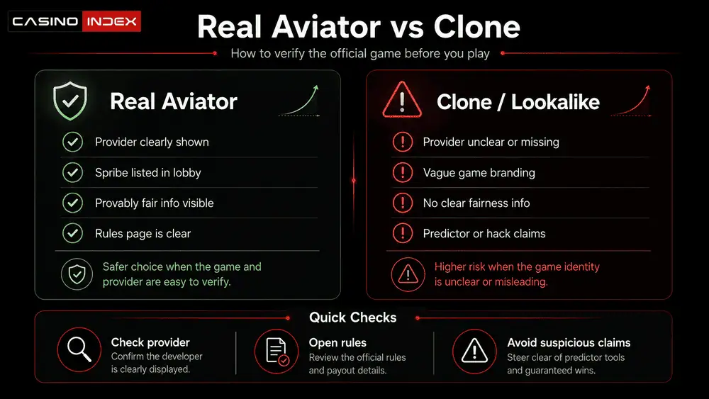 Comparison graphic showing the difference between real Spribe Aviator and clone crash games, including provider checks, fairness info and warning signs.