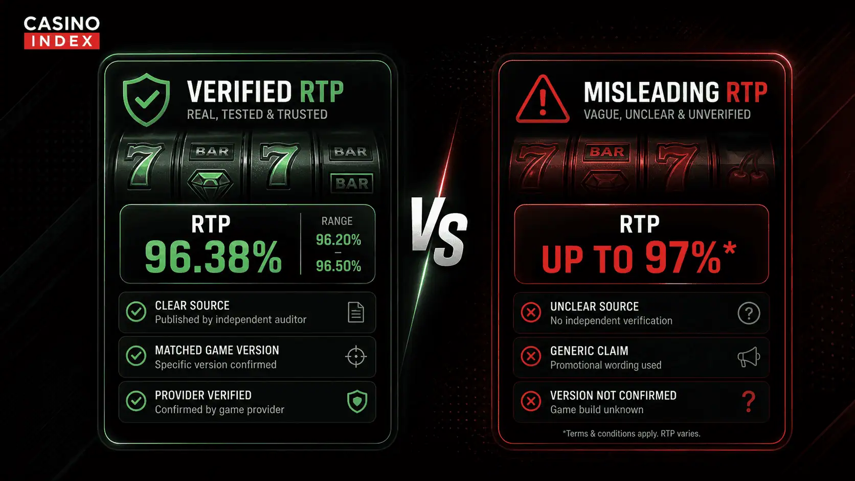 comparison image showing verified RTP and misleading RTP side by side in an online casino slot interface