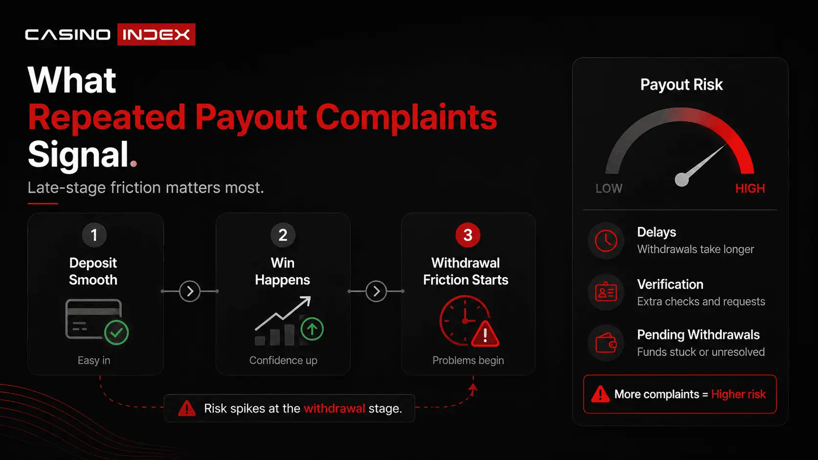 Repeated casino payout complaints graphic showing withdrawal friction, payout risk, and trust warning signals