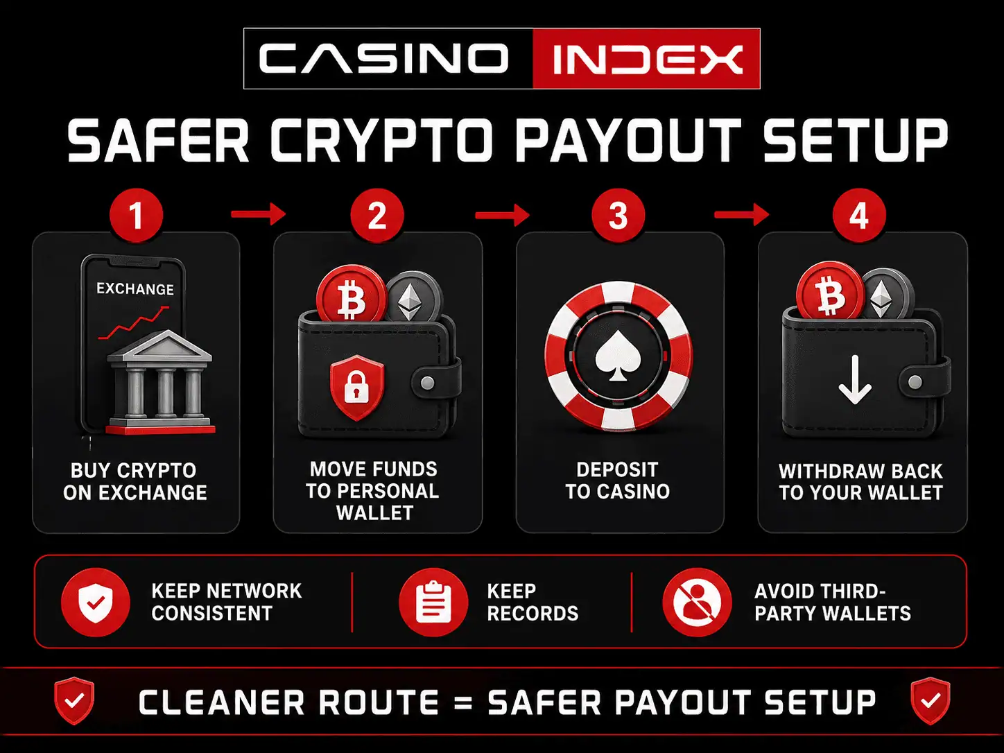 Safer crypto payout setup graphic showing exchange purchase, personal wallet transfer, casino deposit, and clean withdrawal path