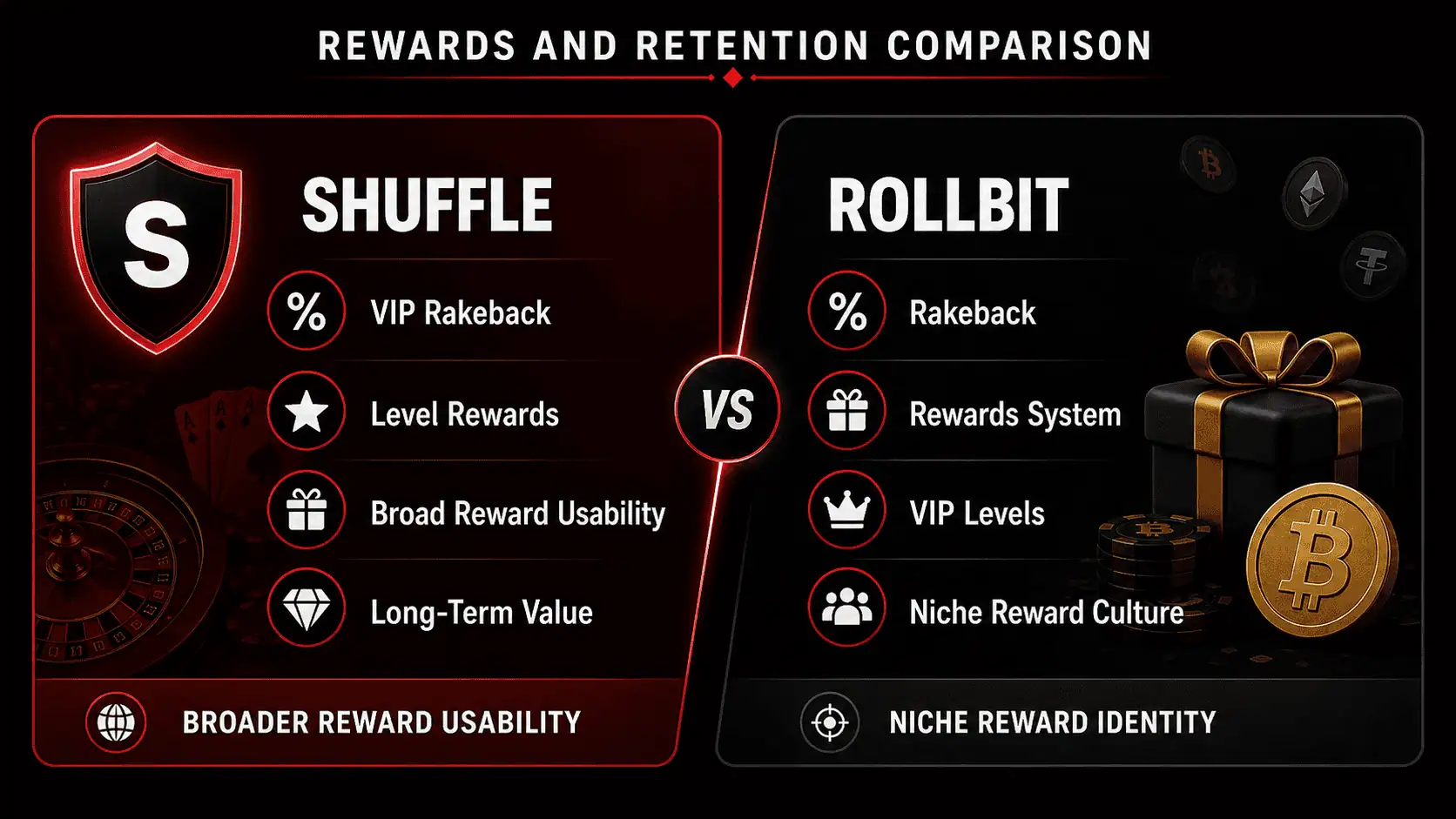 Comparison graphic showing Shuffle and Rollbit reward systems including rakeback, VIP rewards, level rewards, and retention features