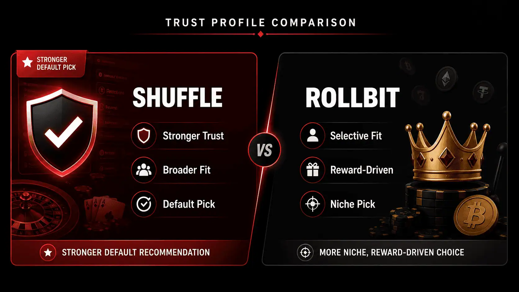 Comparison graphic showing Shuffle as the stronger default trust pick and Rollbit as the more selective reward-driven option