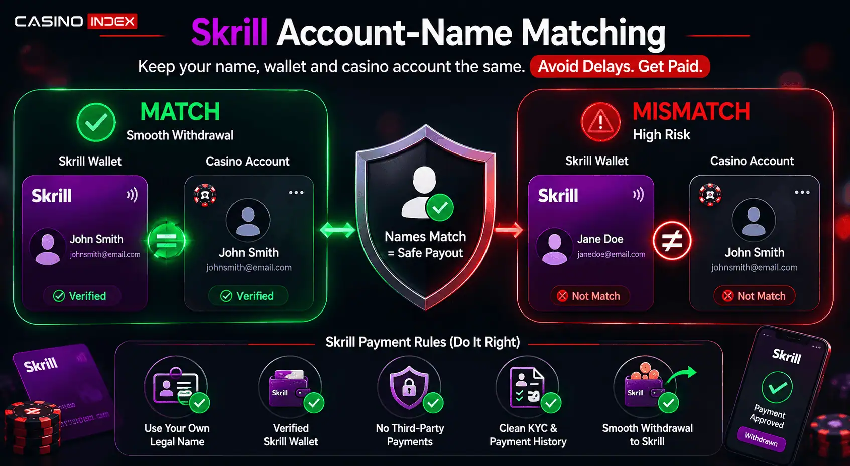 Skrill account-name matching graphic showing why the wallet name must match the casino account before withdrawal.