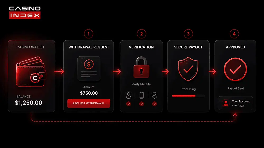 Illustration showing a smooth casino withdrawal flow with a clear cashier interface, payout route, verification step, and secure cashout process.