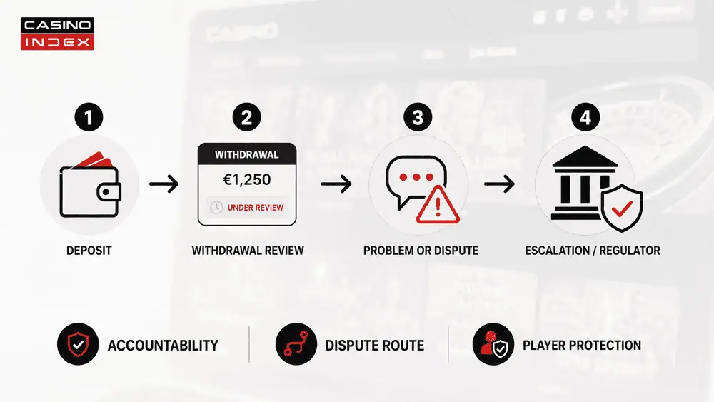 Illustration showing when casino licensing actually matters, including withdrawals, disputes, account checks, complaints, and escalation paths.