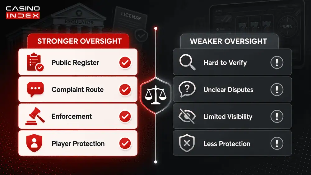 Comparison image showing stronger vs weaker gambling oversight, including public registers, dispute routes, enforcement visibility, and player protection signals.