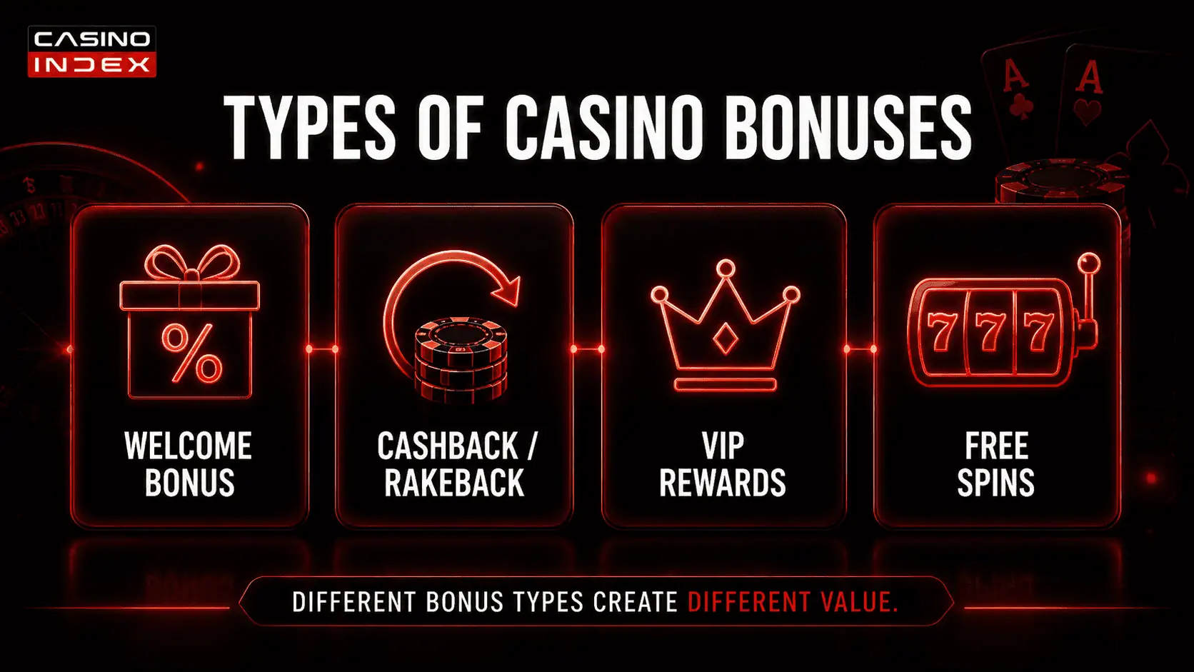 Graphic showing common casino bonus types including welcome bonuses, cashback, VIP rewards, and free spins