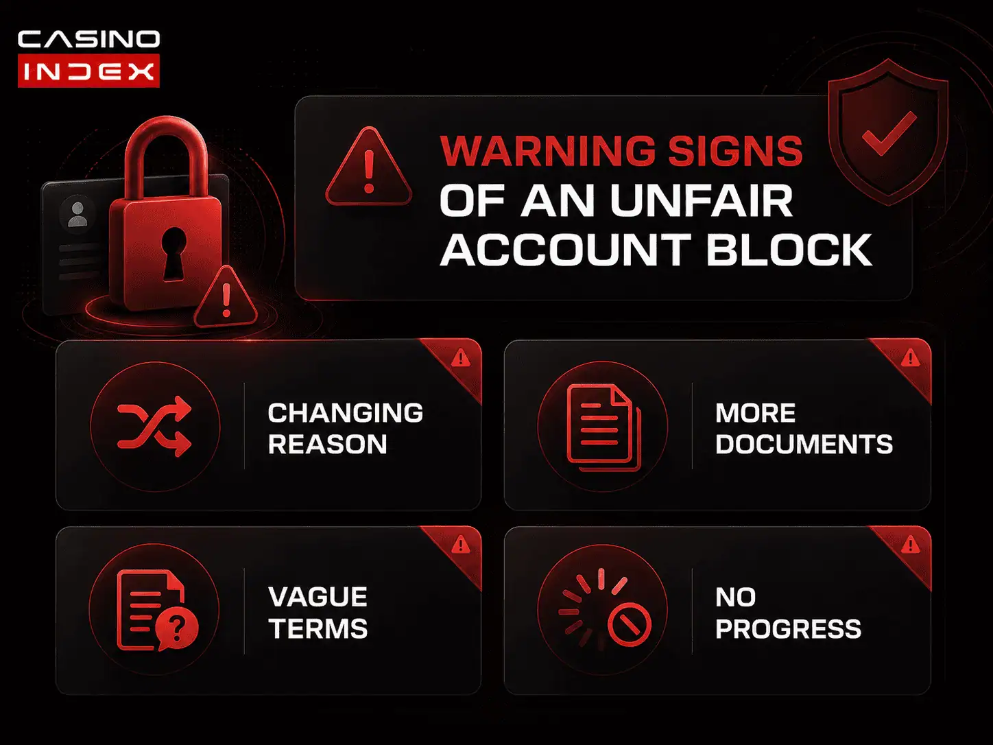 framework image showing warning signs of unfair casino account blocks including changing reasons and repeated document requests