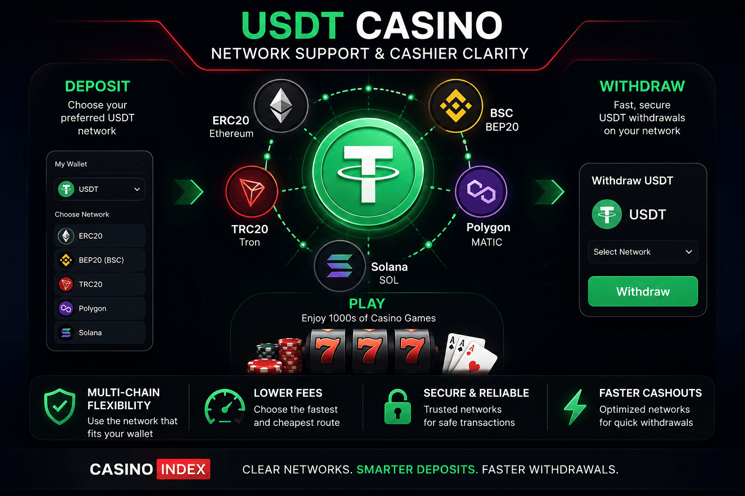 Illustration showing USDT casino network support across ERC20, TRC20, BSC, Polygon, and Solana with a clear crypto cashier and wallet flow