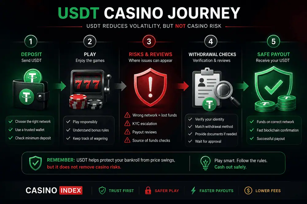 Illustration showing USDT casino risks after deposit, including wrong network errors, KYC checks, payout reviews, and withdrawal approval steps