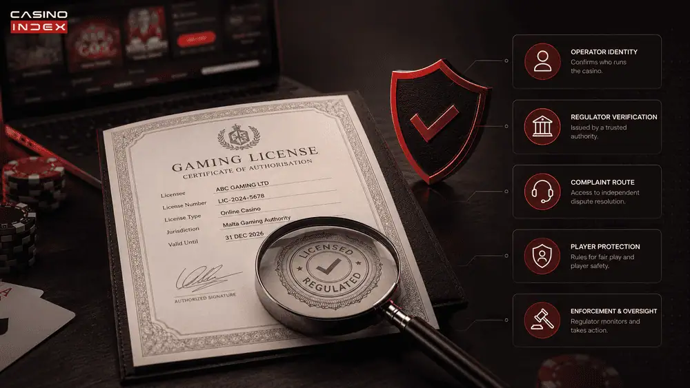 Illustration showing when casino licensing actually matters, including withdrawals, disputes, account checks, complaints, and escalation paths.