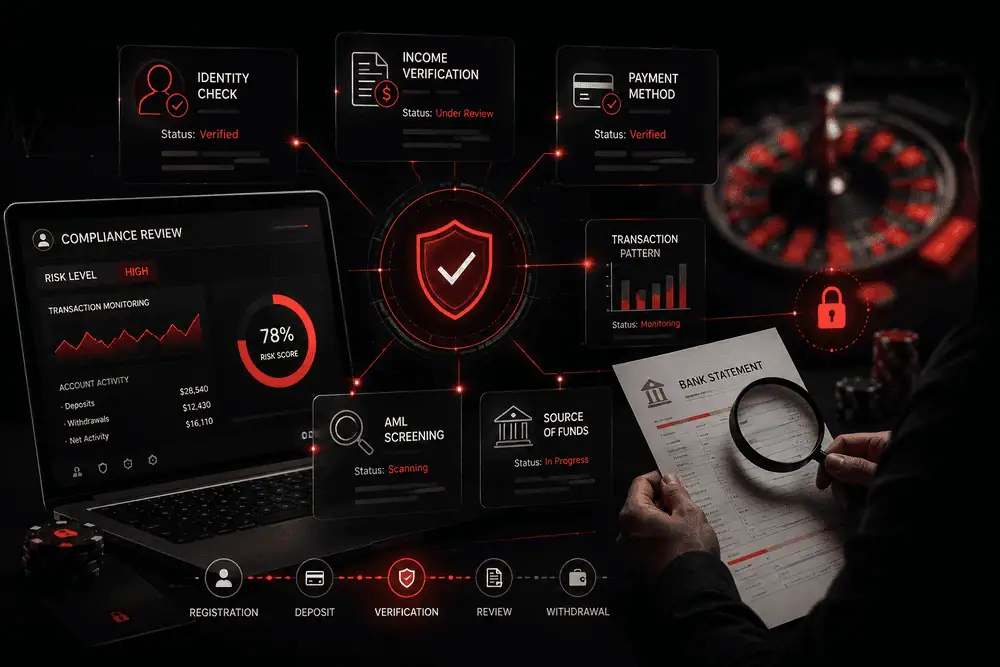 Compliance review image showing why online casinos ask where money came from, including income checks, payment verification, and account risk screening.