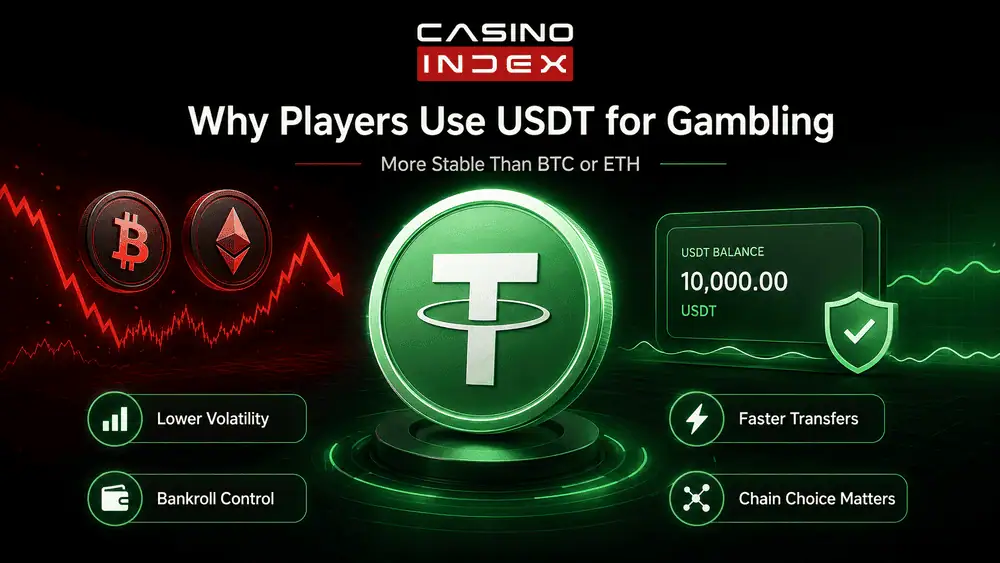Illustration showing why USDT works better for online gambling than BTC or ETH, with lower volatility, cleaner bankroll control, and better stablecoin usability