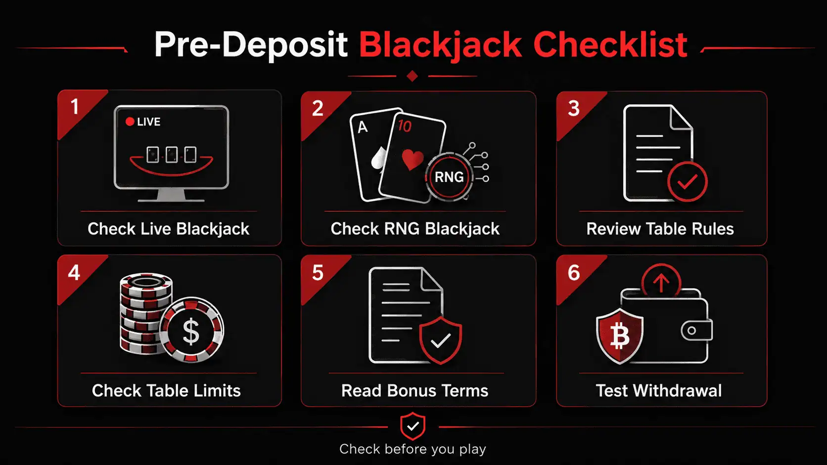 Blackjack crypto casino pre-deposit checklist showing live blackjack, RNG blackjack, table rules, limits, bonus terms, and withdrawal testing.