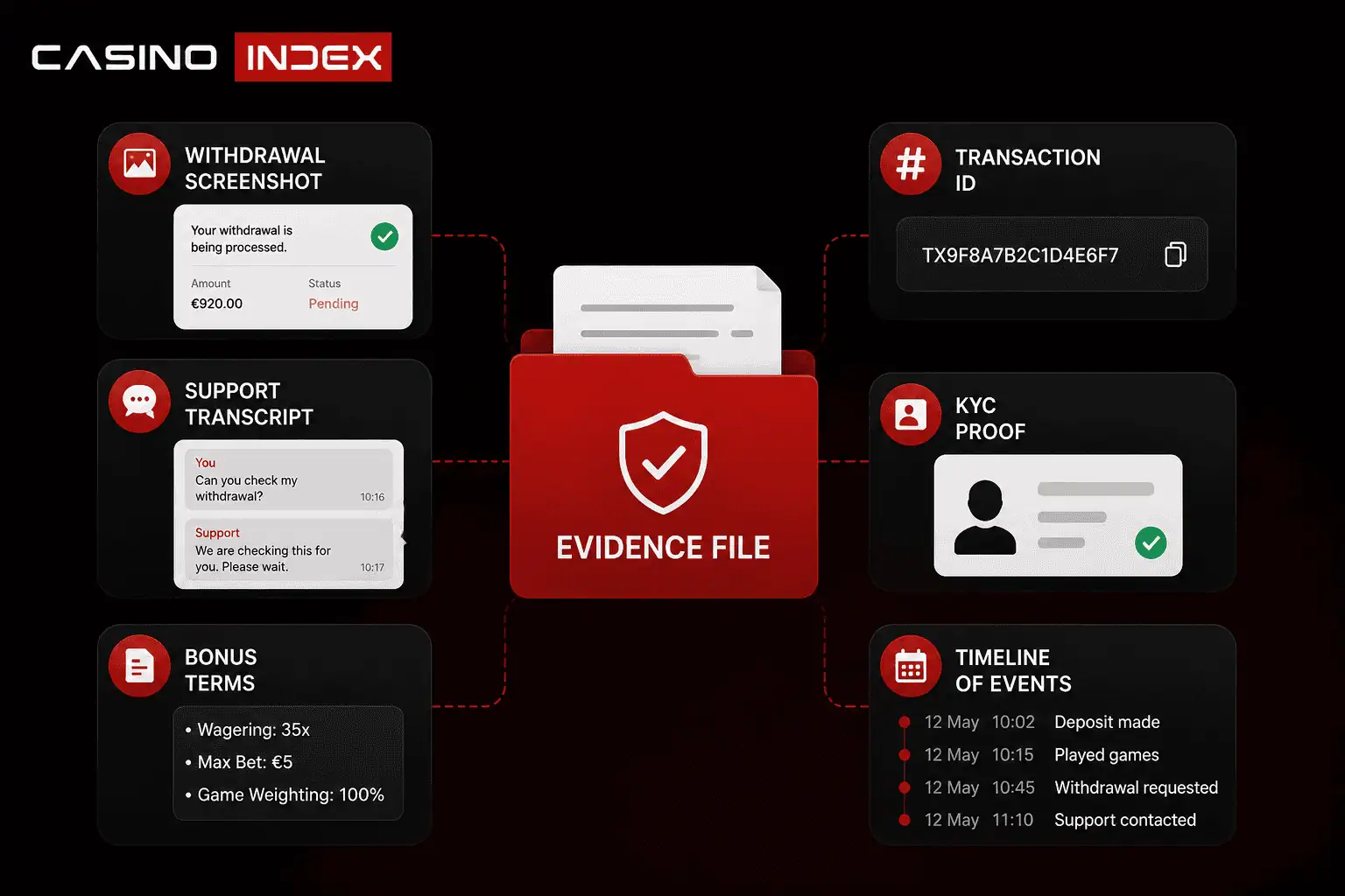 Casino complaint evidence file showing withdrawal screenshots, transaction IDs, support transcripts, KYC proof, bonus terms, and timeline records.