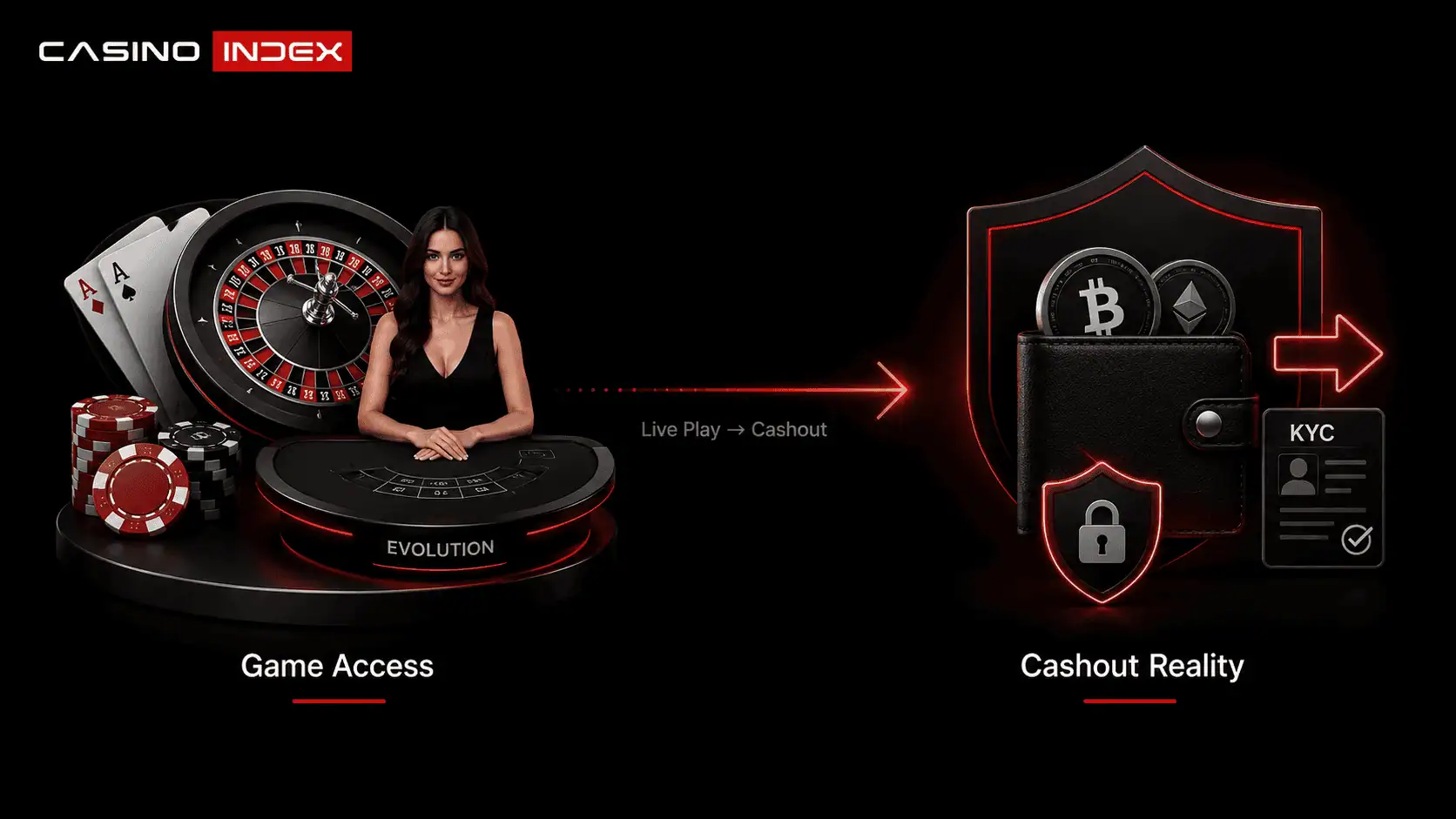 Evolution live play and cashout reality showing live dealer table access, crypto wallet, KYC document, withdrawal shield, and payout reliability.