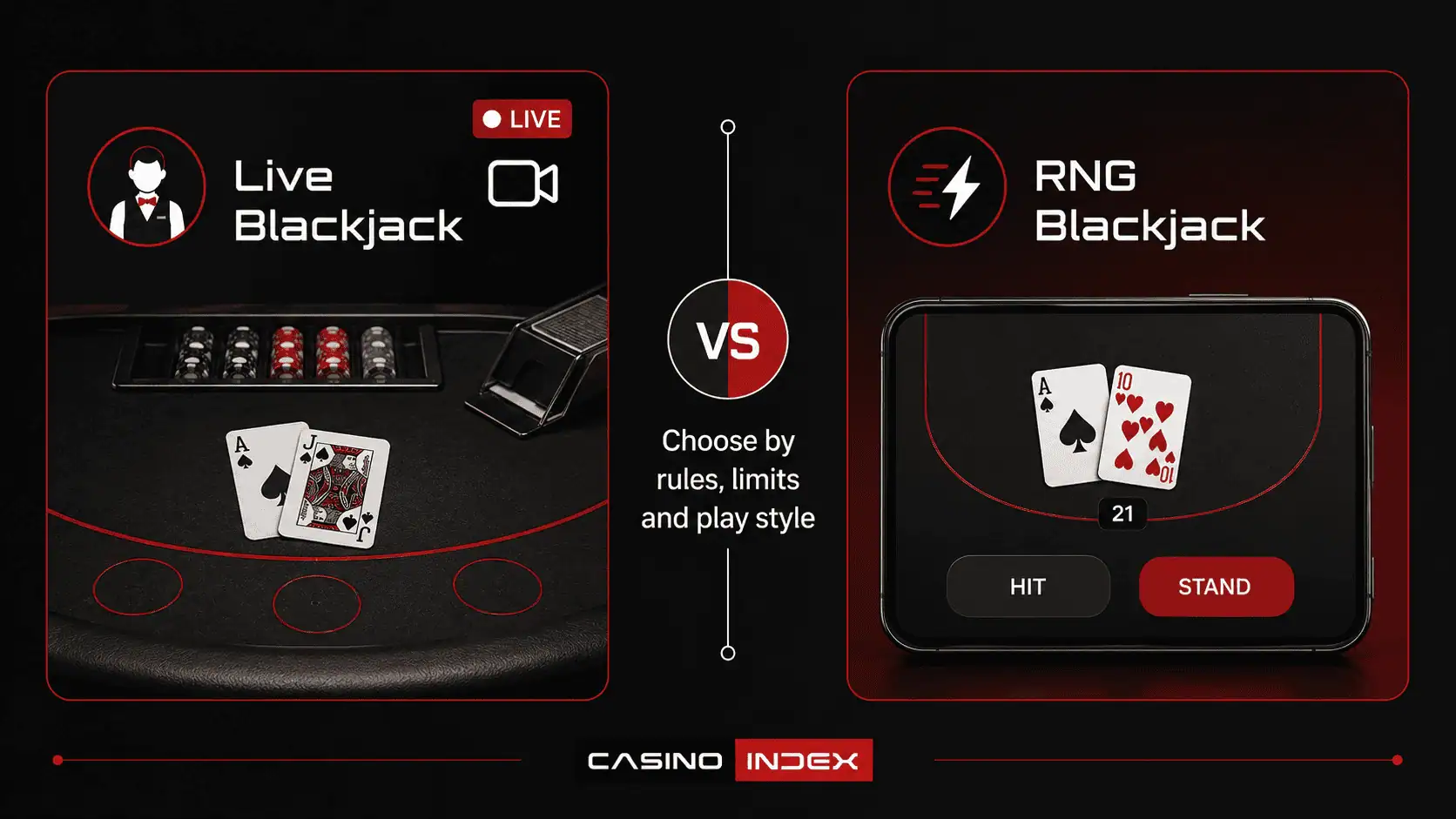 Live vs RNG blackjack at crypto casinos showing live dealer tables, digital blackjack, mobile play, table limits, and rule quality.