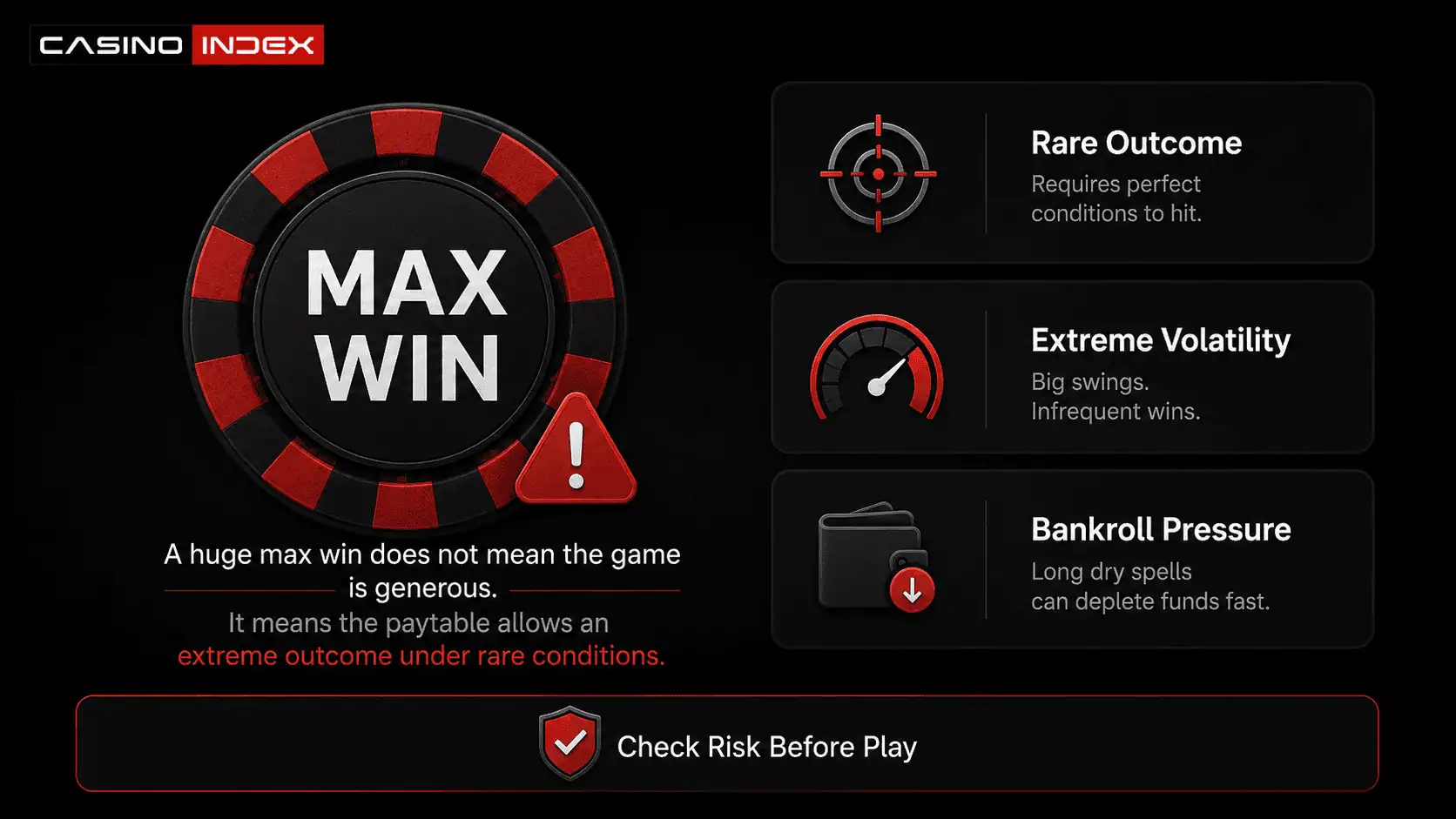 Nolimit City max win and volatility context showing rare outcomes, extreme volatility, bankroll pressure, and player risk before play.
