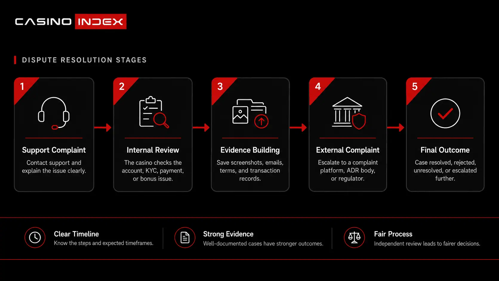Five stages of online casino dispute resolution showing support complaint, internal review, evidence building, external complaint, and final outcome.