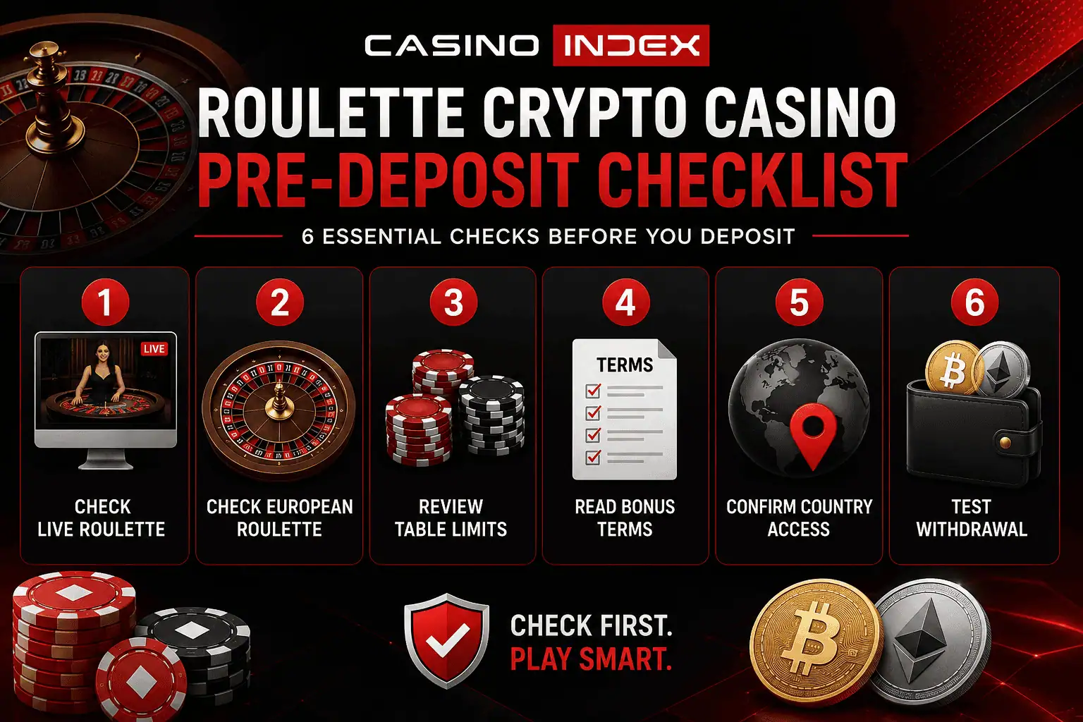 Roulette crypto casino pre-deposit checklist showing live roulette, European roulette, table limits, bonus terms, country access, and withdrawal testing.