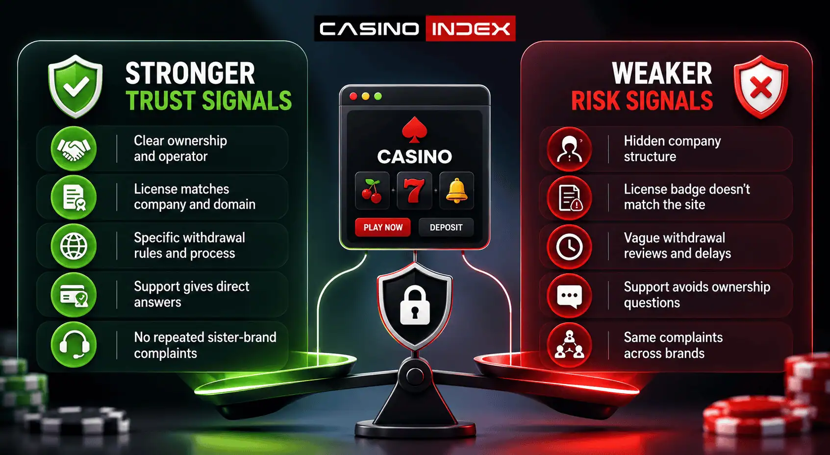 Gráfico comparativo do CasinoIndex mostrando sinais de confiança mais fortes e mais fracos para cassinos white-label, incluindo clareza de propriedade, correspondência de licença, regras de saque, respostas do suporte e risco de marcas irmãs.