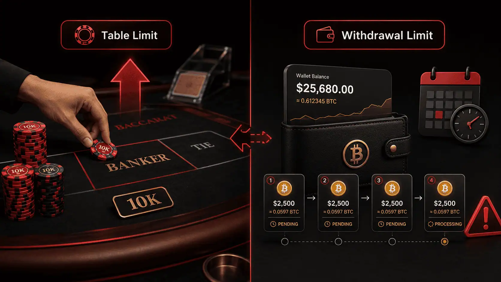Graphic comparison between high baccarat table limits and restricted casino withdrawals