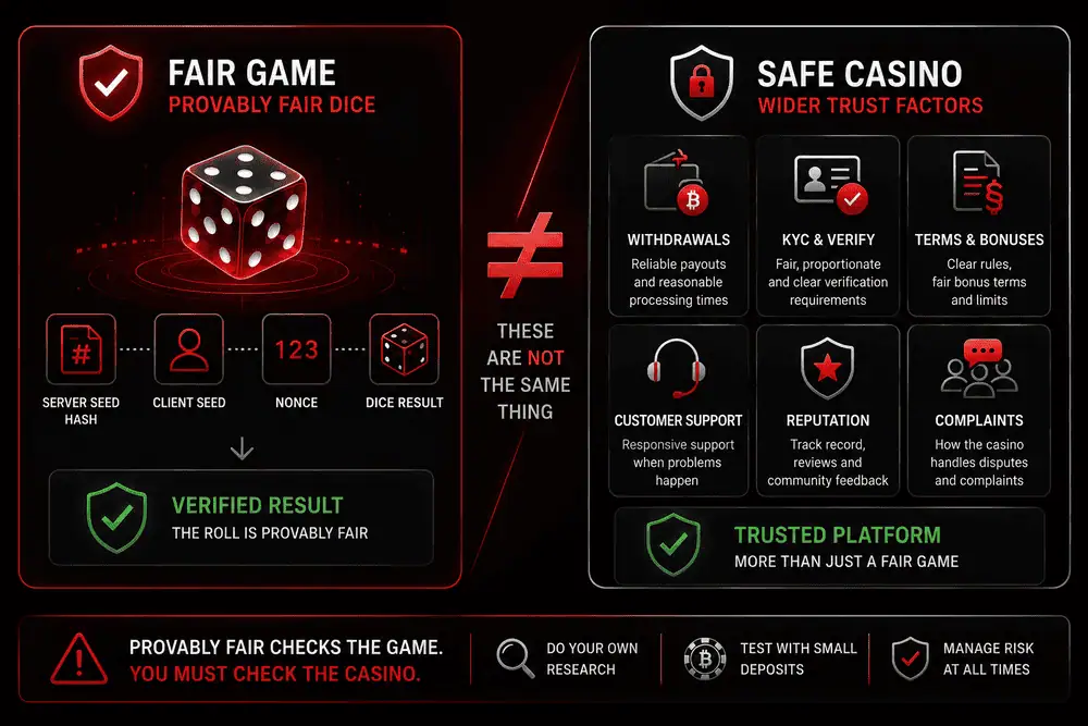 Comparison graphic showing the difference between a provably fair game and a safe casino platform