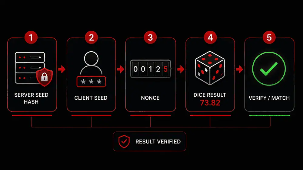 Step-by-step graphic showing how a provably fair Dice result is verified using server seed, client seed and nonce