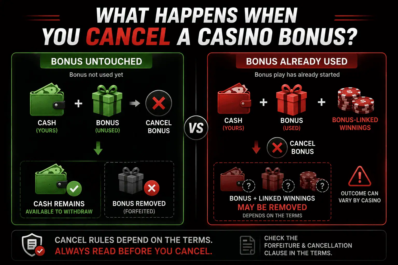 Casino bonus cancellation comparison showing what can happen to unused bonus funds and bonus-linked winnings
