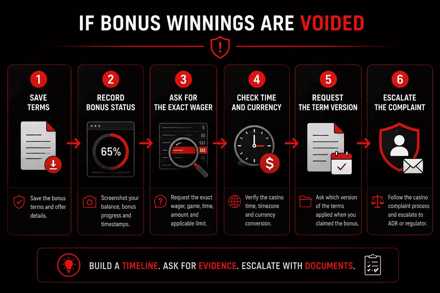Six-step checklist for documenting and disputing casino bonus winnings voided after a max bet violation