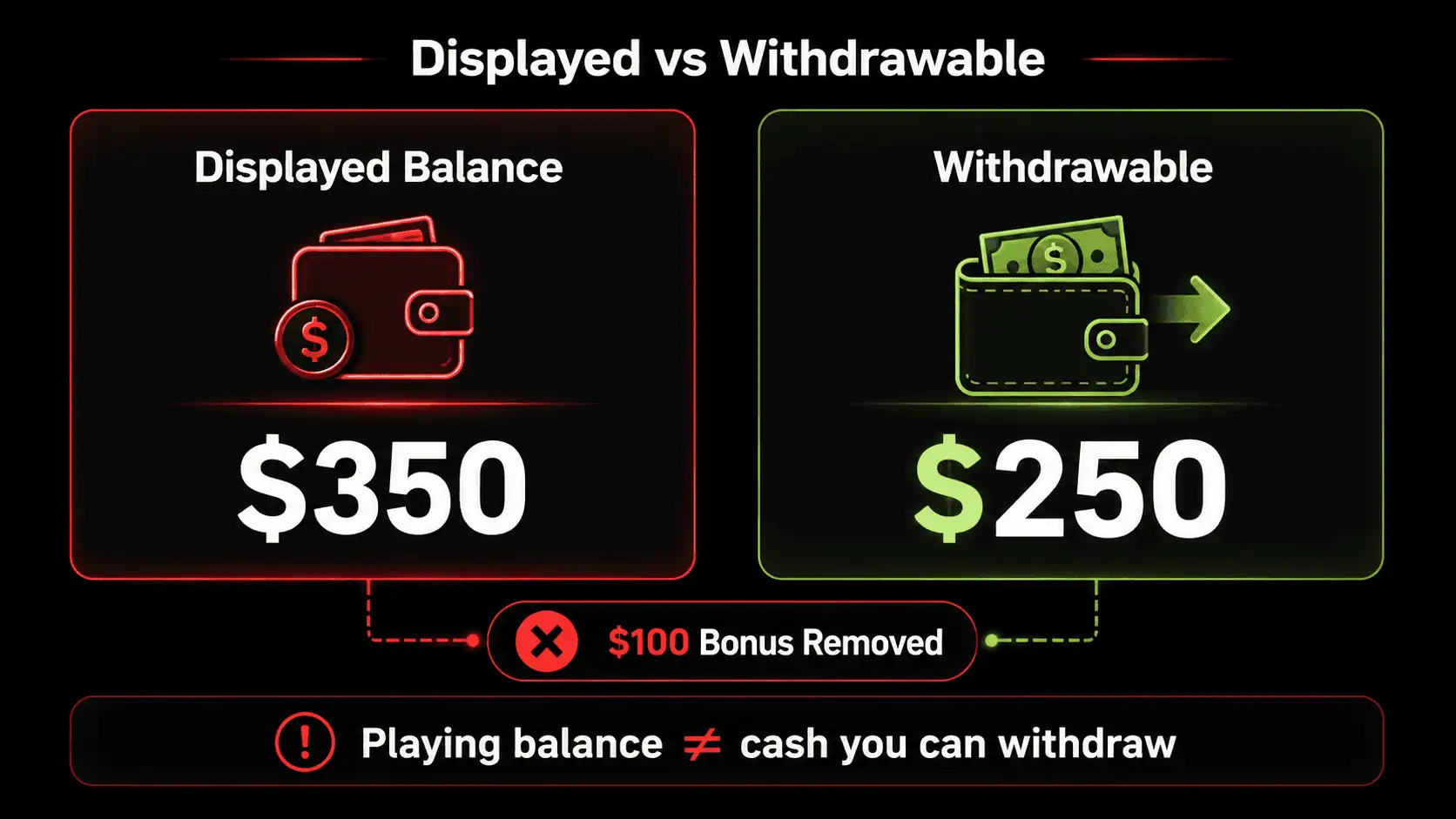 Casino displayed balance compared with the amount actually available for withdrawal after bonus funds are removed