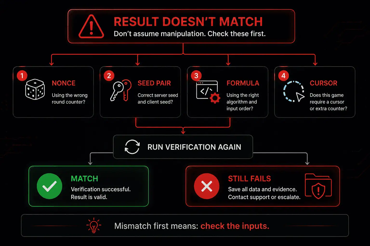Provably fair verification troubleshooting flow checking nonce seed pair formula and cursor after a result mismatch