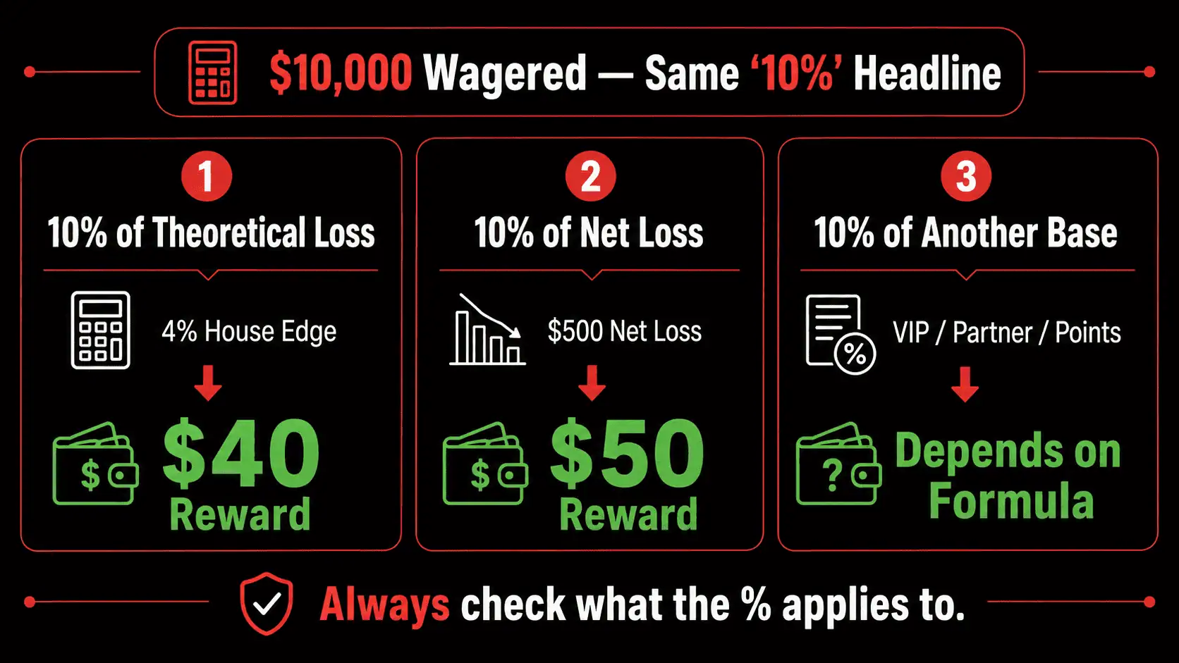 Comparison showing how the same 10 percent rakeback headline can produce different rewards depending on the calculation base