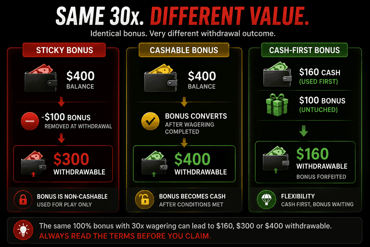 Comparison of sticky cashable and cash-first casino bonuses showing different withdrawable amounts