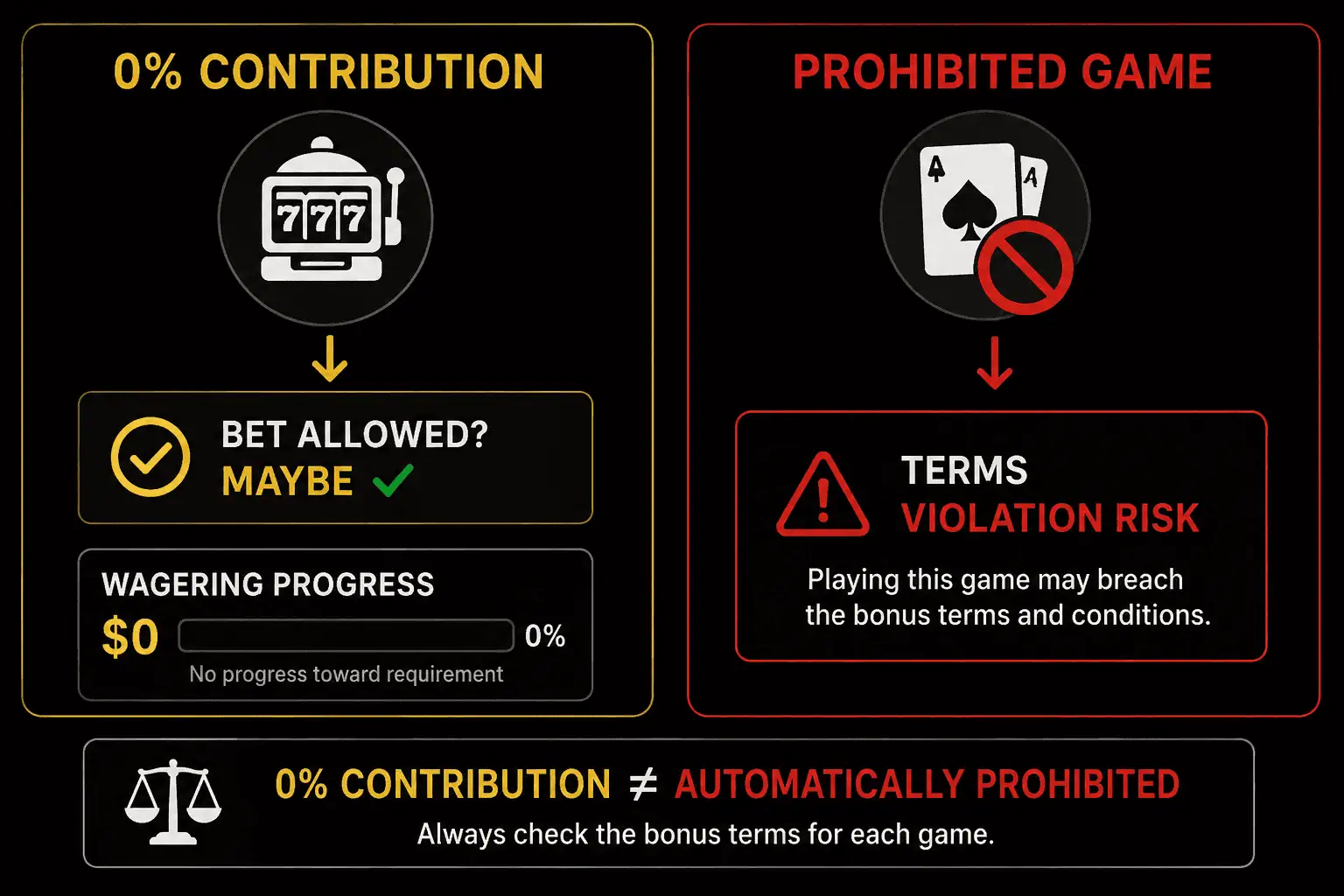 Comparison between a zero percent wagering contribution game and a prohibited casino bonus game