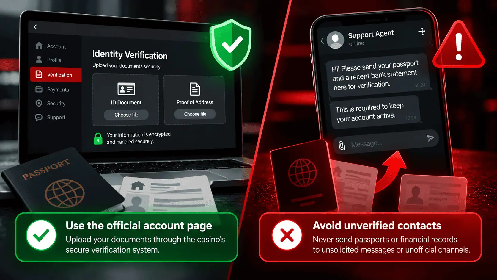 Secure casino account document upload compared with an unverified chat request for identity documents