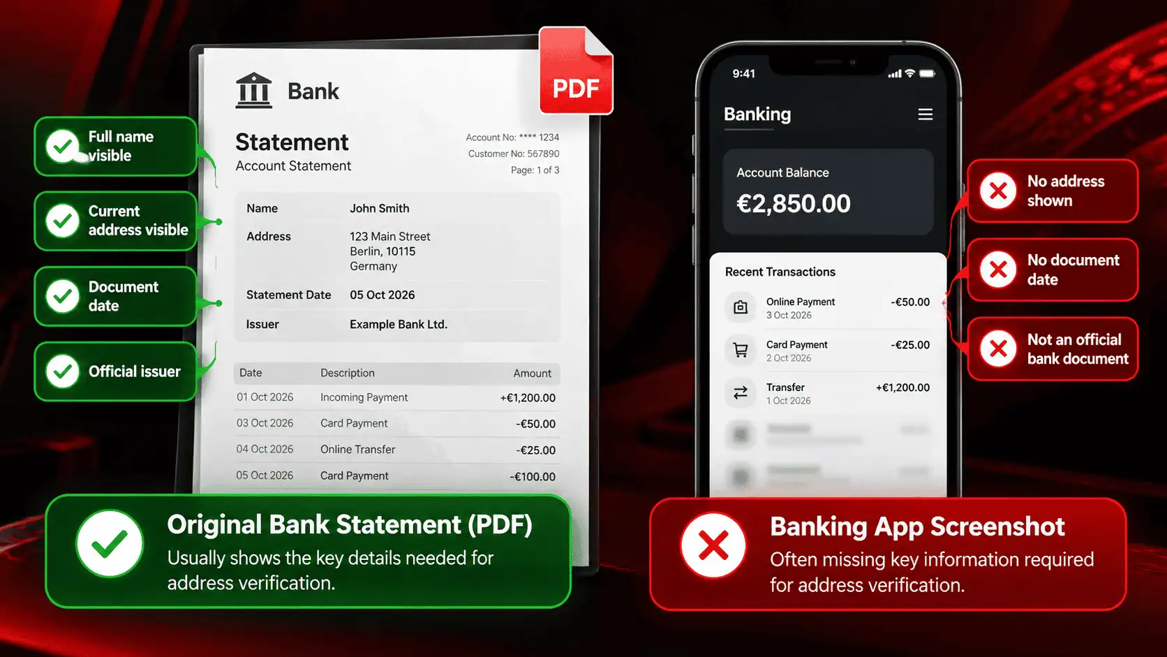 Bank statement PDF showing name and address compared with a mobile banking screenshot missing required details