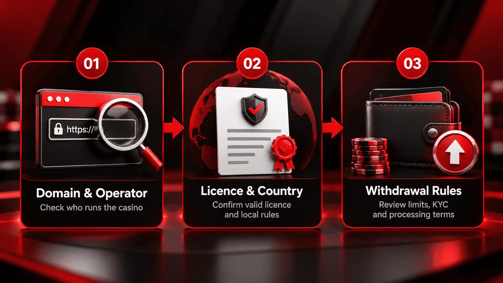 Three-step casino verification checklist covering operator identity, gambling licence and withdrawal rules