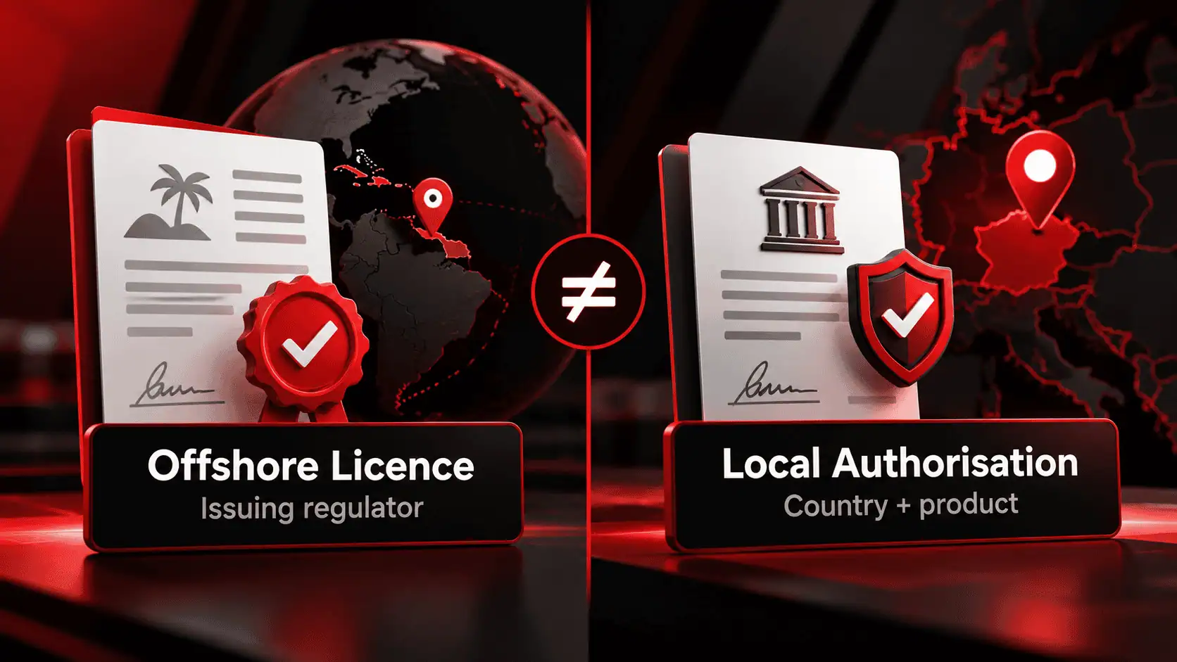 Infographic comparing offshore casino licensing with local gambling authorisation by country and game type